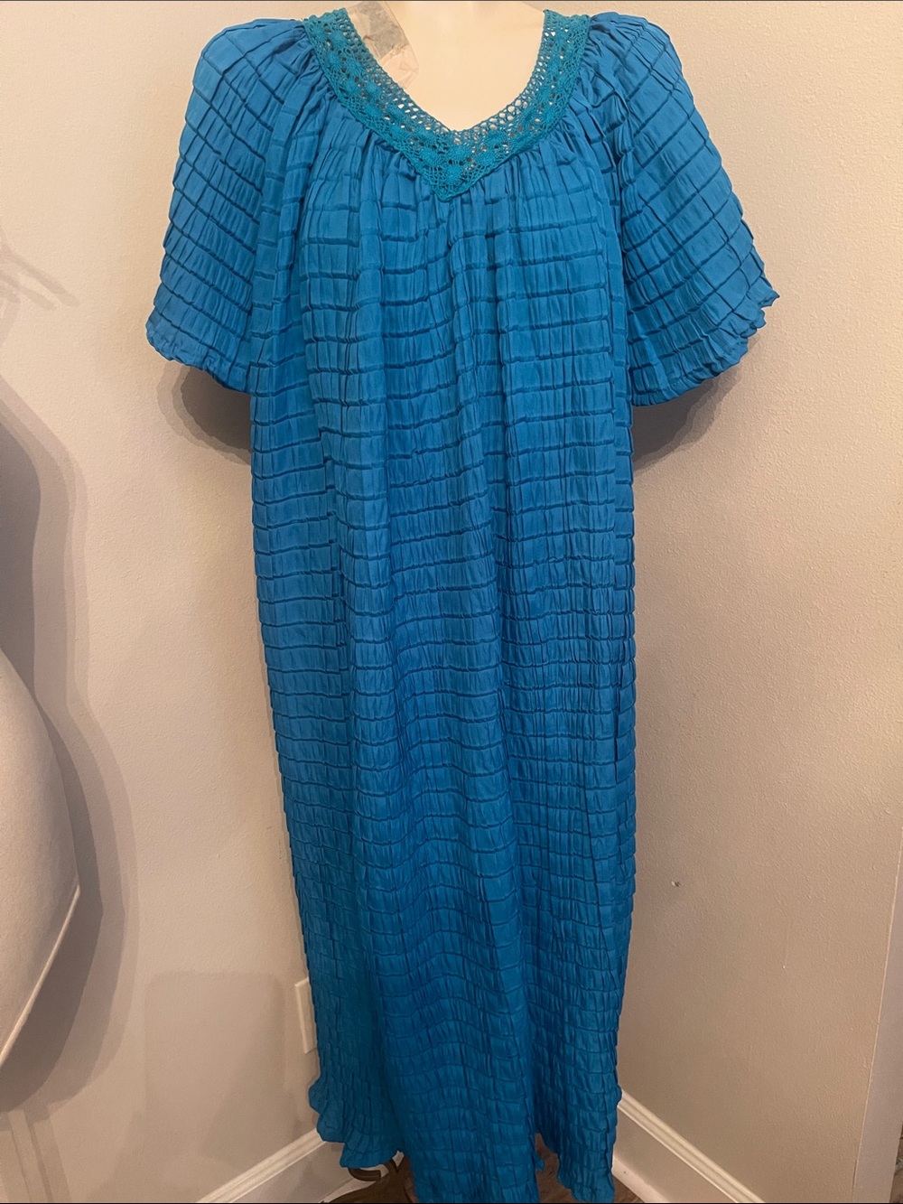 Bobbie Brooks Blue Maxi Kaftan  Dress with Crochet V-Neck